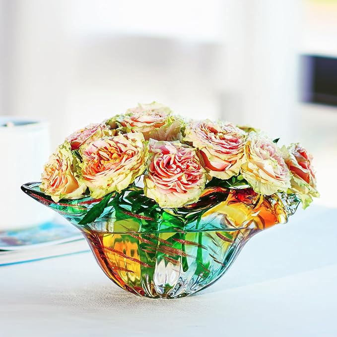 9inch Blown Glass Shell Vase,Handmade Seashell Potpourri Holder Art Glass Conch Seashell Figurine Collectibles Unique Conch Bowl for Home Decor Gift,Colorful