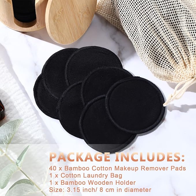 Foaincore 40 Pcs Reusable Makeup Remover Pads with Mesh Laundry Bag Washable Bamboo Cotton Rounds Soft Reusable Face Pad for Toner Skin Types with Bamboo Holder(Black)