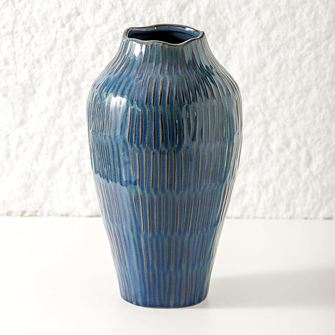 Blue Ceramic Vase for Home Decor,11.6 Inch Flower Vase，Decorative Vases for Pampas Grass，Modern Art Texture Vases for Home Entryway Living Room Dining Table Farmhouse Office Decor-Blue