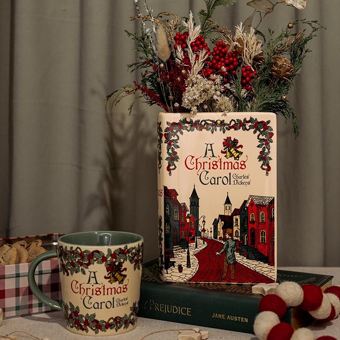 Steel Mill & Co Original Large Book-Shaped Decorative Vase, Ceramic Vases for Holiday Home Decor, Festive Bookshelf Decor, Unique Vase for Book Lovers (A Christmas Carol)
