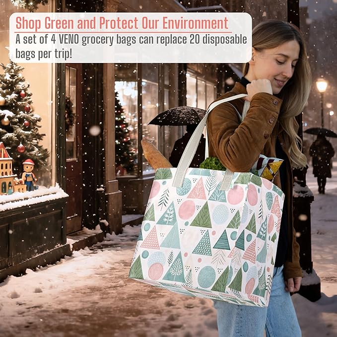 VENO 4 Pack Christmas Reusable Grocery Bags, Heavy-Duty Shopping Bags with Handles, for Shopping Cart with Hard Bottom to Stand Upright, Foldable (Pastel Forest, 4 Pack)