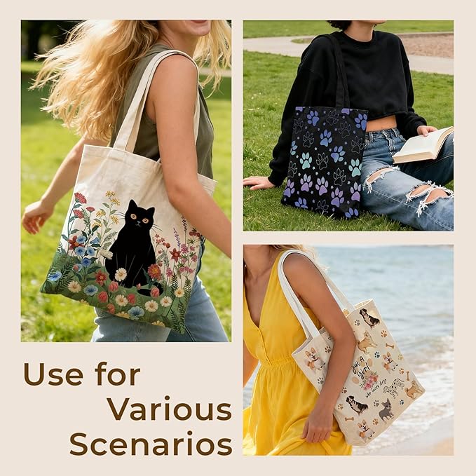 Cute Aesthetic Canvas Tote Bag for Women, Reusable Foldable Shopping Cotton Shoulder Totebag with Zipper Pocket