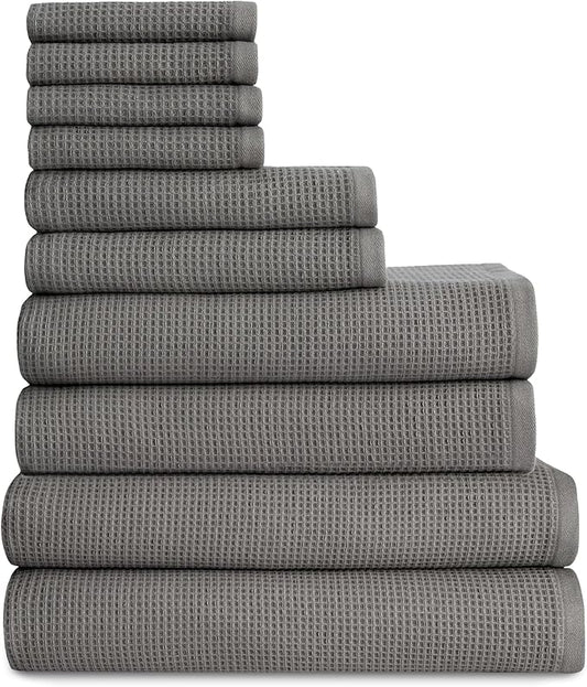 Cozy Earth Complete Waffle Bath Bundle - 60% Cotton 40% Viscose from Bamboo - Quick Dry & Ultra-Soft Waffle Weave Bath Towels - 4 Washcloths, 2 Hand Towels, 2 Bath Towels, 2 Bath Sheets, Charcoal