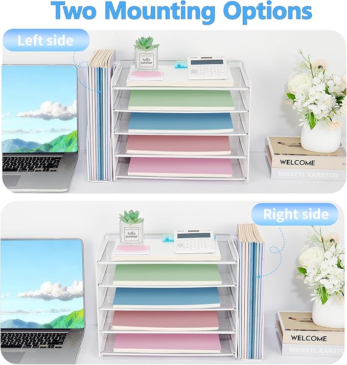 OPNICE 5-Tier Paper Organizer with Magazine Holder, Desk Organizers and Accessories, Office Desk Accessories & Workspace Organizers, Desktop File Organizer for Office Supplies Storage, White