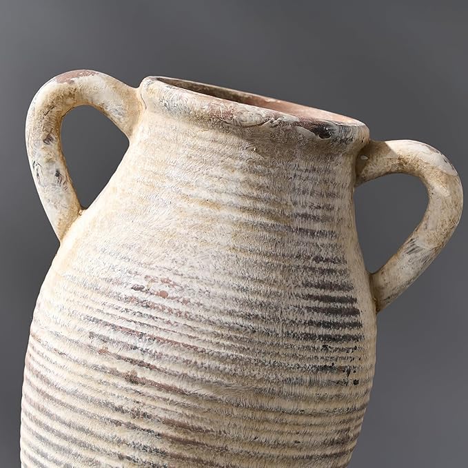 Large Ceramic Rustic Vase with 2 Handles, 9.8 inch Whitewashed Terra Cotta Decorative Pottery Flower Vase for Home Decor, Living Room, Shelf Decor, Enterway, Table Decoration, Gray