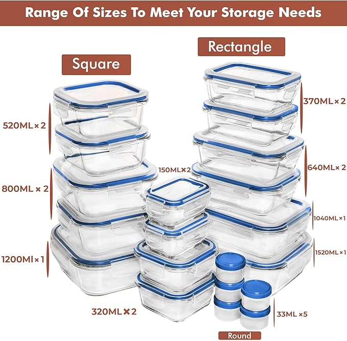 Razab 35 Pc Set Glass Food Storage Containers with Lids - Meal Prep Airtight Bento Boxes BPA-Free 100% Leak Proof (15 lids,15 glass & 5 Plastic Sauce/Dip Containers)