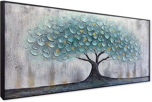 Teal Blue Tree of Life Canvas Wall Art, Hand Painted Modern Abstract Textured Painting, Large Framed Panoramic Landscape wall art for Living Room, Bedroom, Office, Home Decor 40"x20"