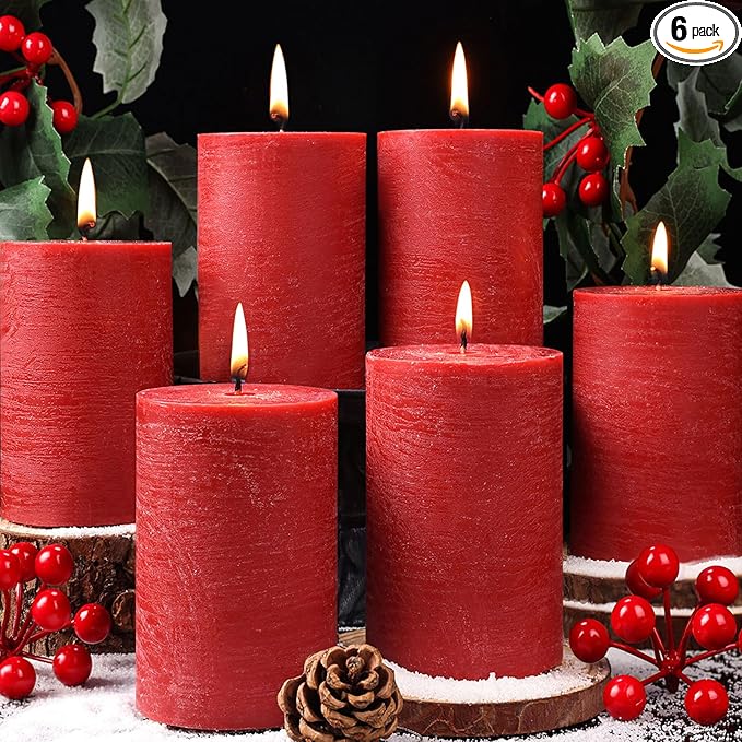 6 Pack Red Pillar Candles,Natural Soy Pillar Candles,55 H Long Lasting Burning 2.8x4in-Unscented,Dripless and Smokeless Rustic Red Hand-Poured Candles Dinner Table, for Christmas,Wedding,Home Decor
