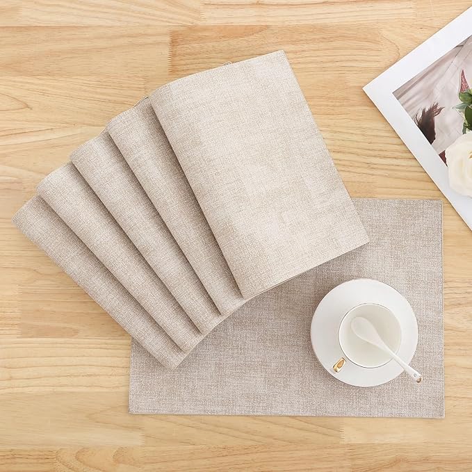 Homaxy Faux Leather Heat Resistant Placemats for Dining Table Set of 6, Waterproof Wipeable Washable PU Table Mats, Easy to Clean Anti-Slip Place Mats, 11.8" x 17", Beige
