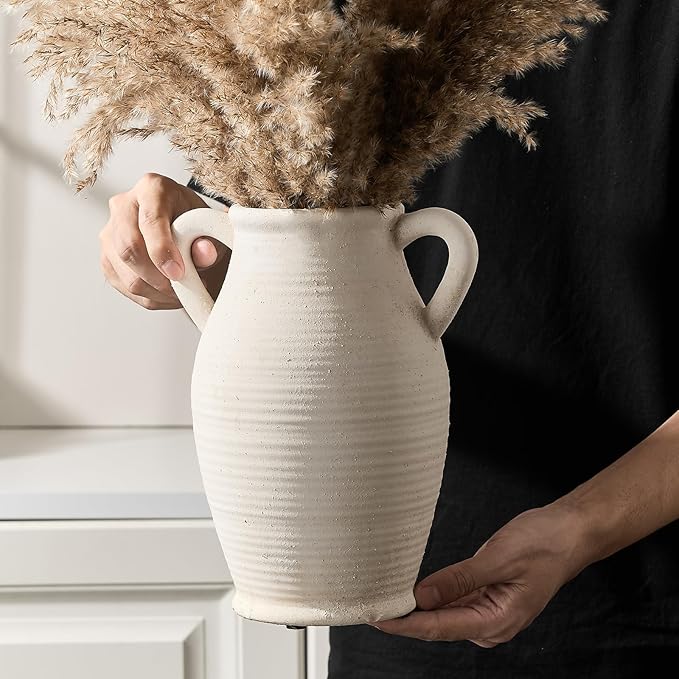 Large Ceramic Rustic Vase with 2 Handles, 9.8 inch Farmhouse Flower Vase, Minimalist for Home Decor, Living Room, Shelf Decor, Pampas Grass, Enterway, Table Decoration, Gift, Off White