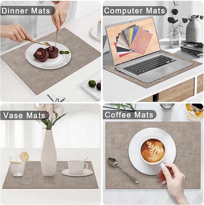 Homaxy Faux Leather Heat Resistant Placemats for Dining Table Set of 12, Waterproof Wipeable Washable PU Table Mats, Easy to Clean Anti-Slip Place Mats, 11.8" x 17", Light Brown