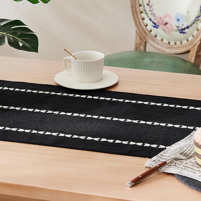 Braided Farmhouse Table Runner,Braided Black 13x108 Inch, Cotton Linen Table Runners 108 Inches Long, Embroidered Striped Black Boho Table Runner Rustic Home Decors