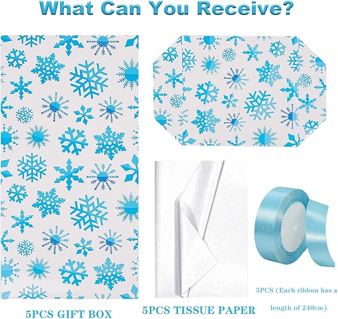 Jaywayang 5 Pack White Christmas Gift Boxes with Lids, Ribbons and Tissue Papers Square Gift Boxes - 7.1 Inch - Presents Wrapping Christmas Gift Holiday New Year Party Favor Boxes.