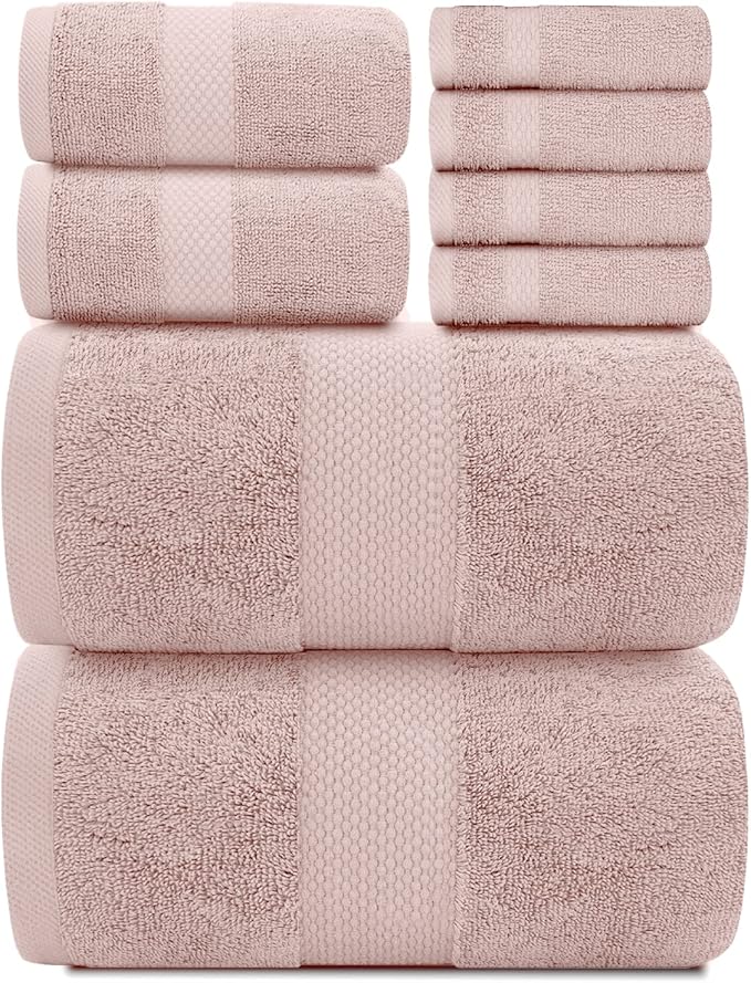 White Classic Luxury Bath Towel Set of 8 Pieces - 100% Turkish Cotton Highly Absorbent Towels for Bathroom, 2 Luxury Bath Towels 700GSM, 2 Hand Towels, 4 Washcloths, Pink