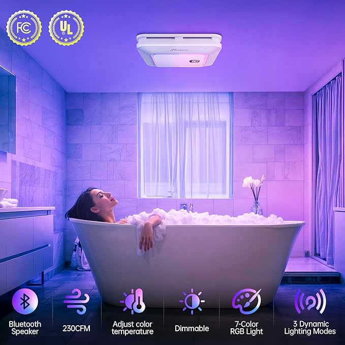 Bathroom Exhaust Fan with Bluetooth Speaker, 230 CFM 1.0 Sone Bathroom Exhaust Fan with Light, 3 Dynamic Light, 7 LED Color, 3 Color Temperatures, Nightlight,Remote, Easy Install (Ivory)