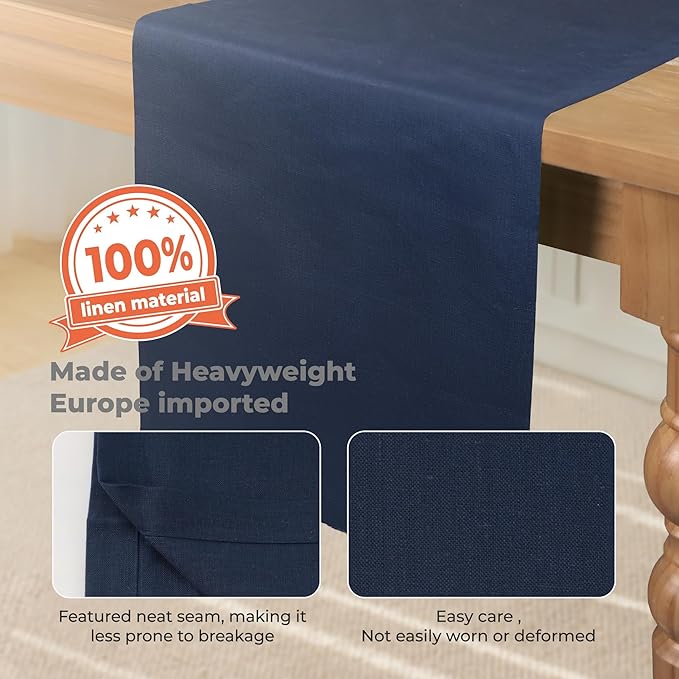 Small Coffee Farmhouse Table Runner for Fall, Thanksgiving, Christmas, and Winter - Athena - 100% Pure Linen - 14 x 48 Inches - Navy