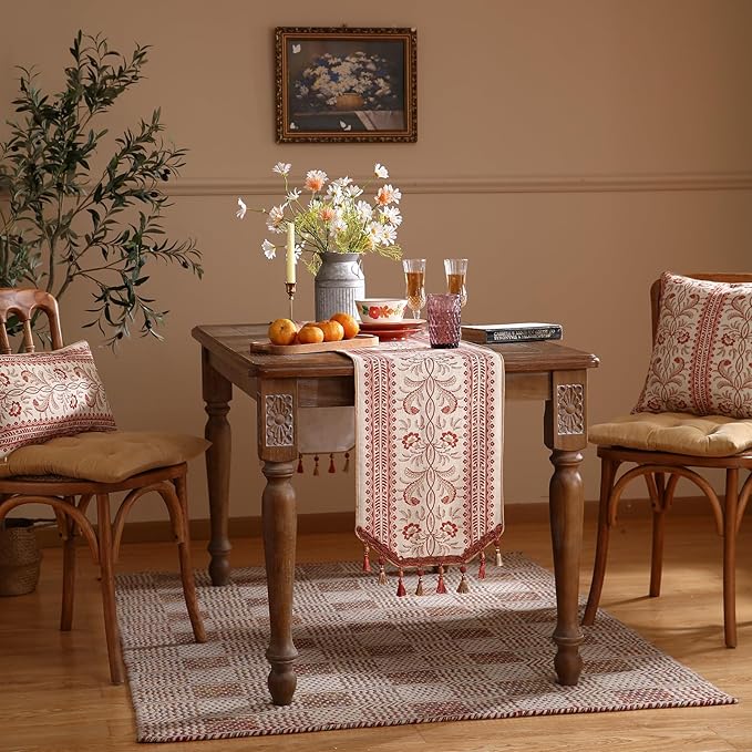 ISAENNE Designer Vintage Linen Extra Long Table Runner 118 Inches,Red Floral Pattern Modern Decor Table Runners for Dining Tables,Thanksgiving,Kitchen Tables,Christmas,Banquet,12"*118"-Chamonix A