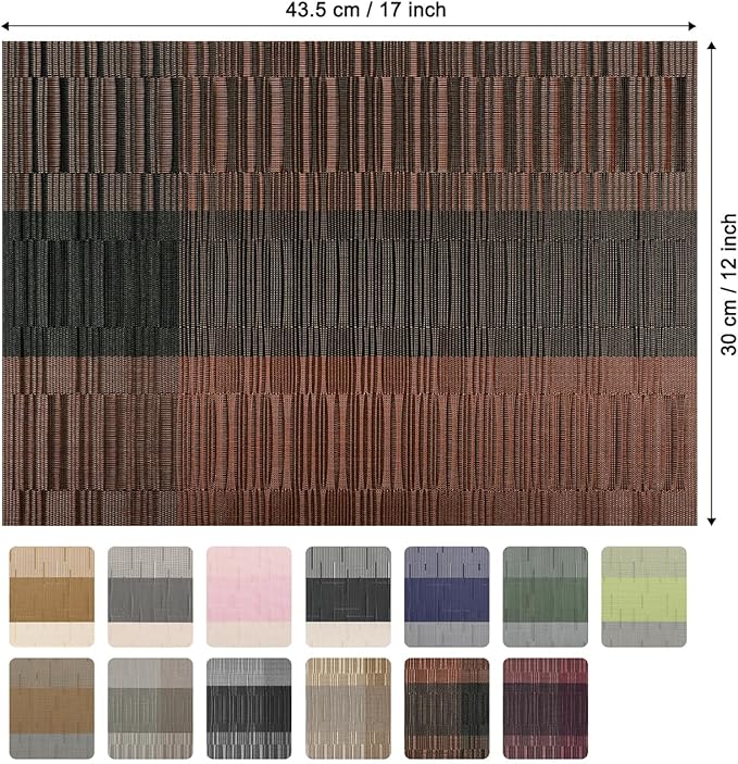 Placemats Set of 6, Vinyl Woven Place Mats Indoor Set of 6 Washable Wipeable PVC Table Mats Heat-Resistant Non Slip Plastic Placemat for Kitchen Dining Outdoor Table (Black Brown, Set of 6)