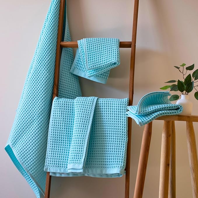 PÜSKÜL - Premium Waffle Towel Set 4 Pieces Turquoise - Organic 100% Turkish Cotton Quick-Dry Towels for Bathroom Made in Turkiye (Turquoise, Towel Set - 2 Hand & 2 Bath Towels)