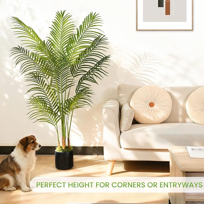 5FT Artificial Palm Tree, Tall Fake Tropical Areca Plant with Black Round Planter for Indoor Outdoor Home Decor, Realistic Faux Palm Tree for Living Room, Office, Porch, Garden