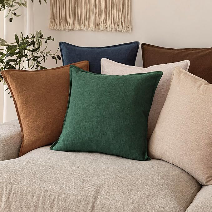 Foindtower Set of 2, Decorative Linen Soild Throw Pillow Covers Soft Accent Euro Cushion Case Farmhouse Neutral Pillowcase for Chair Couch Sofa Bedroom Living Room Home Decor 26 x 26 Inch Pine Green