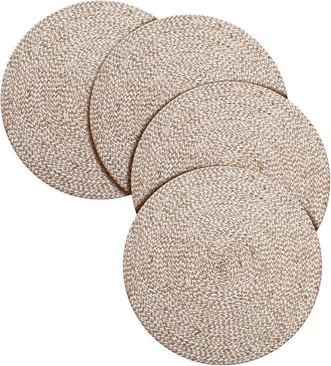 Hausattire Jute Braided Placemats 14 Inches Round Set of 4 Reversible Handwoven Boho Vintage Placemats for Kitchen Dining Tables|BBQ's Thanksgiving Decor Weddings Indoor & Outdoor Parties|Off-White