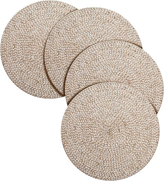 Hausattire Jute Braided Placemats 14 Inches Round Set of 4 Reversible Handwoven Boho Vintage Placemats for Kitchen Dining Tables|BBQ's Thanksgiving Decor Weddings Indoor & Outdoor Parties|Off-White