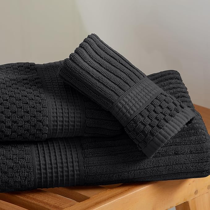 Springtree Home 100% Cotton Bath Towel Set of 4 | Super Soft & Absorbent with Quick-Dry Fibers | 4 Bath Towels | Textured and Durable Cotton | Krista Collection - Black Ink