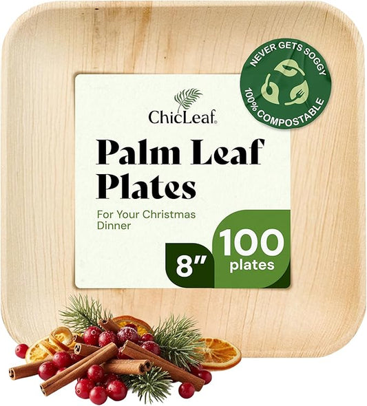 Chic Leaf Square Bamboo Palm Leaf Disposable Plates - 8" Pack of 100 - Biodegradable & Compostable Dinnerware - Disposable Party & Appetizer Plates - Eco-Friendly Dessert Trays for Christmas Meal