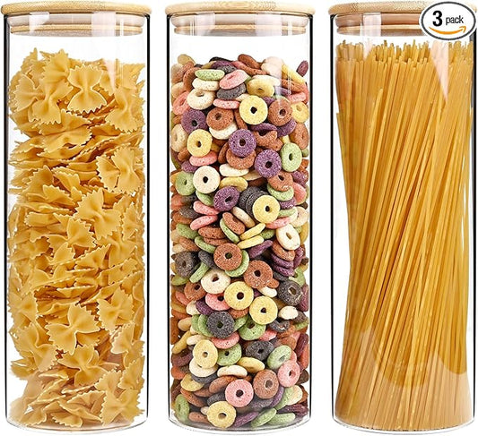 73oz Glass Pasta Storage Jars, Tall Glass Jars with Bamboo Lids, Spaghetti Container, Set of 3, Kitchen Storage Containers for Pasta, Pantry Organizers