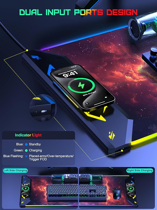 TopMade Wireless Charging Mouse Pad, RGB Gaming Mousepad, 35.4" x 15.8" Extra Large Waterproof Keyboard Desk Pad, Computer Desk Mat, Red Nebula (Includes 20W PD Power Adapter & 6.56ft Woven Cable)