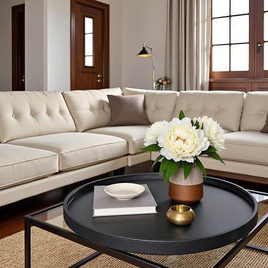 30x30 High-End Light Luxury Leather Round Oversized Tray - Ottoman Coffee Food Serving for Family Dinner, Outdoor Picnic & Party Essentials | Versatile Home Decor Tray(30 inch Black)