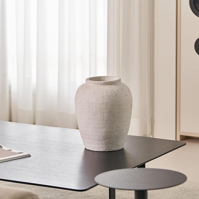 LB2 Large White Ceramic Vase, 11.8" Tall Zen Style Rustic vase, Terra Cotta Pitcher Vase, Distressed Farmhouse Decor, Pottery Decorative Flower for Home Decor (H 11.8" X 9.8")