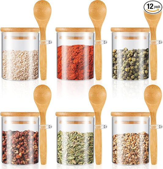 Tessco for you 12 Pack Sugar Jar Glass Container with Spoon Clear Glass Jars with Bamboo Lid and Spoon Scoop for Women Christmas Kitchen Gift Coffee Beans, Spice, Sugar, Nuts, Candy, Salts (6 oz)