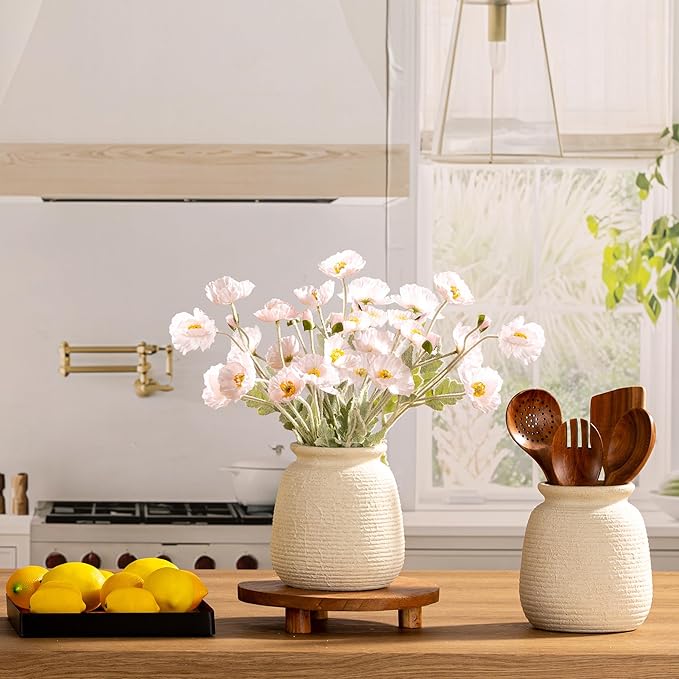 Ceramic Flower Vase, 7.48 Inch White Rustic Farmhouse Decorative Vase Pottery Wide-Mouth Vases for Home Decor Table Living Room Entryway Mantel Bookshelf Bedroom Bathroom Kitchen