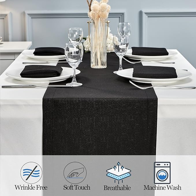 Mebakuk Linen Farmhouse Table Runner Large Burlap Style Soft and Waterproof Decorative Fabric Runner for Outdoor Wedding and Dinner (14 x 90 Inch, Black)