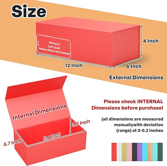 5 Pack Red Gift Box, 12x6x4'' Gift box for Presents with Lids Magnetic Closure Rectangle Collapsible for Bridesmaid Proposal Box, Wedding, Christmas, Halloween, Birthday Gift Packging