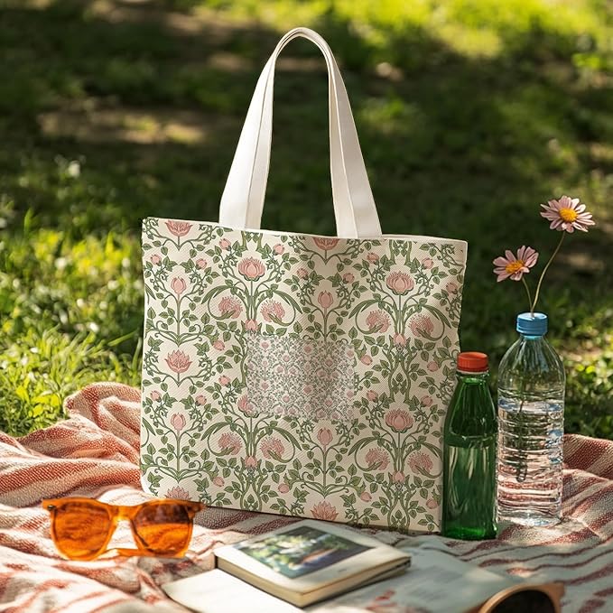 Animals-Flowers-Fruits-Bow Valentines Canvas Heart Tote Bag, Coquette Reusable Shopping Grocery Bags