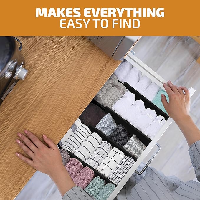 6 Pack Drawer Dividers 4 Inch High, 11”-17" Adjustable Bamboo Organizers Large Expandable Drawer Separators for Cloths, Dresser, Bedroom, Bathroom, Baby Drawer, Office & Kitchen Utensils (Black)