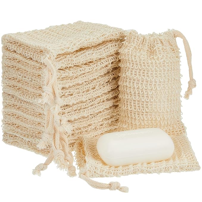Cunhill 50 Pack Soap Saver Bag Bar Exfoliating Pouch Sisal Soap Savers Mesh Bag with Drawstring Foaming and Drying Holder for Bath and Shower