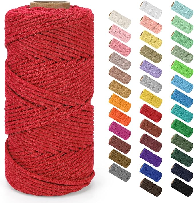 Macrame Cord 4mm x 109Yards (328Feet), Natural Cotton Macrame Rope - 4 Strands Twisted Macrame Cotton Cord for Wall Hanging, Plant Hangers, Crafts, Gift Wrapping and Wedding Decorations, Red