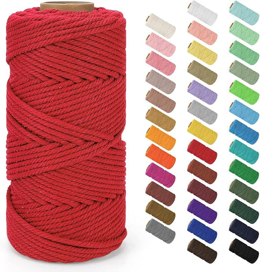 Macrame Cord 4mm x 109Yards (328Feet), Natural Cotton Macrame Rope - 4 Strands Twisted Macrame Cotton Cord for Wall Hanging, Plant Hangers, Crafts, Gift Wrapping and Wedding Decorations, Red
