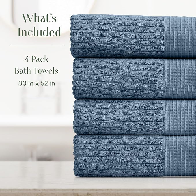 Springtree Home 100% Cotton Bath Towel Set of 4 | Super Soft & Absorbent with Quick-Dry Fibers | 4 Bath Towels | Textured and Durable Cotton | Krista Collection - Oceanview