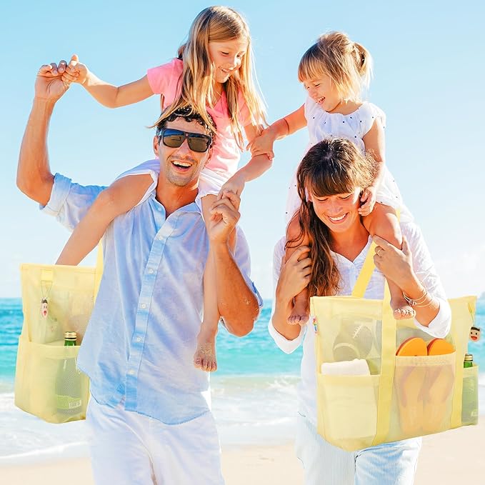 Tagitary Mesh Beach Bag with Zipper Large Beach Tote Waterproof Sandproof with 8 Pockets for Toys Pool Bag Beach Accessories