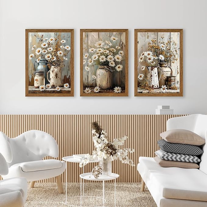 InspiredHues 3 Piece Elegant Farmhouse Canvas Wall Art, Vintage Floral Pictures Wall Decor, Nature Themed Daisy Artwork Prints for Living Room Bedroom Kitchen Home Decoration 16x24 Inch Wood Framed