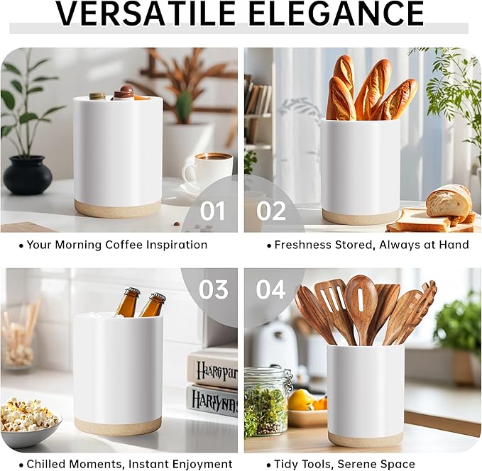 Ceramic Kitchen Utensil Holder for Countertop, Modern Crock with Non-Slip Cork Base, Counter Organizer for Cooking Tools , White