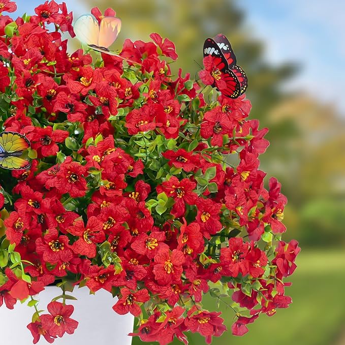 20 Bundles Artificial Flowers for Outdoors‌ with 6 Faux Butterflies, UV Resistant Fake Flowers‌ with Eucalyptus Leaves, Artificial Plants Outdoor‌ for Patio Garden Porch Home Decor (Red)