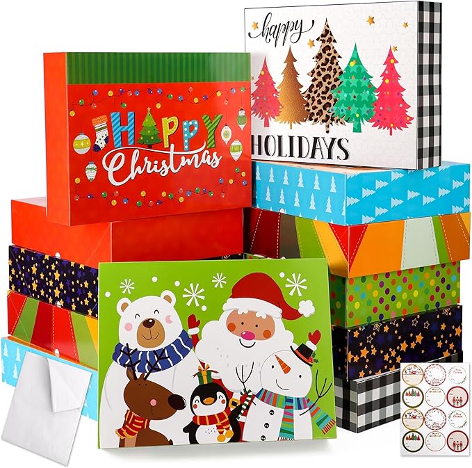 HOIIOH 12 Extra-Large Christmas Gift Boxes with Lids – 4-Inch Deep Robe Boxes with Tissue Paper & Stickers, Decorative Holiday Wrapping Boxes for Clothes, Coats & Sweaters