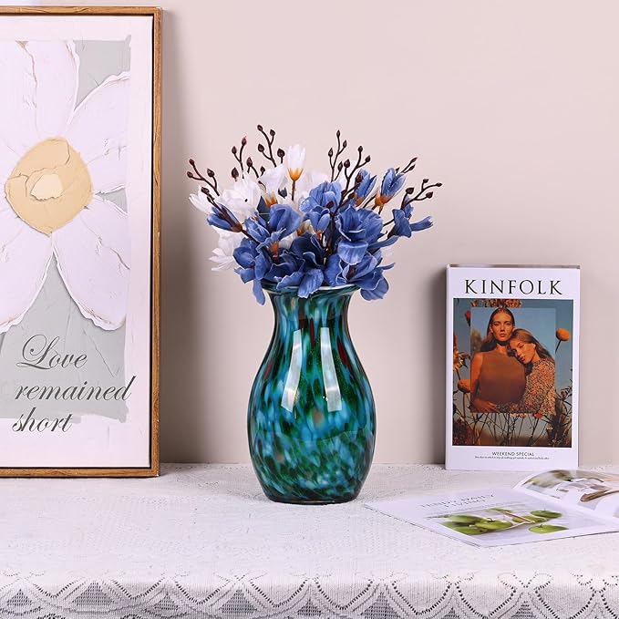 12 inch Hand Blown Glass vase, Green Glass vase, Glass Large vase Flower Decoration, Glass Art vase for Wedding Bathroom Dining Table Shelves Office Living Room Coffee Table Centerpiece vase.