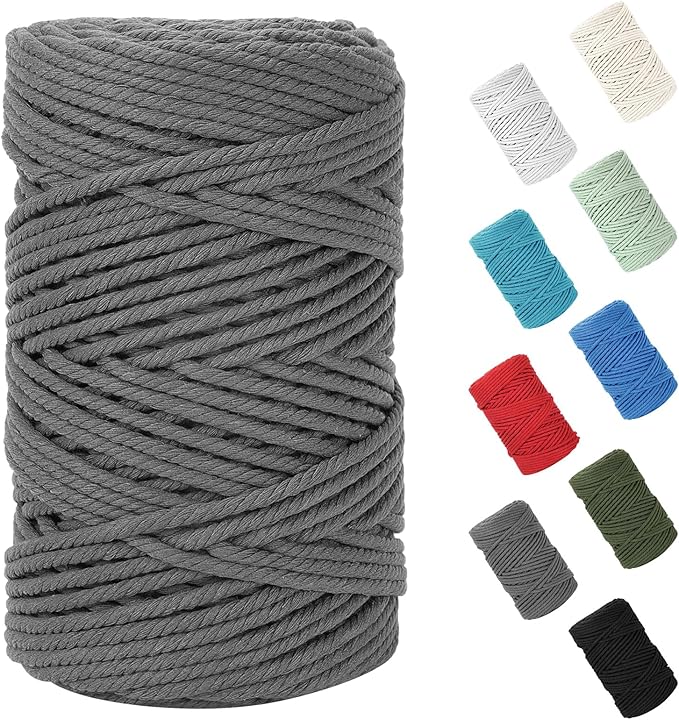 HOMEBOBO Macrame Cord 5mm x 109Yards (328Feet)Natural Cotton Macrame Rope - 4 Strands Twisted Macrame Cotton Cord for Wall HangingPlant HangersCraftsGift Wrapping and Wedding DecorationsDark Gray